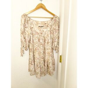 SHORE. The Paisley off shoulder Ruffled Mini Dress Cream Tan Smokey Rose SZ: XS